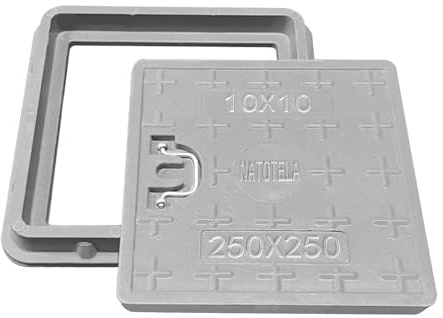 NATOTELA GFK-Schachtabdeckung mit Rahmen 300x300 mm Schachtdeckel | Deckel: 250x250mm Lichte Weite:220x220mm | für Gehweg Grünfläche Garten | Witterungs- & Korrosionsbeständig A15 Grau