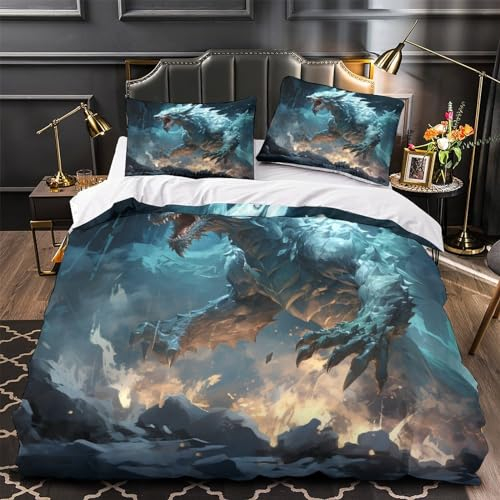 HIXIP ICY Dragon Bettwäsche Bettgarnitur Giant Dragon Weiche Angenehme Mikrofaser Cartoon Kinder Bettwäsche Set 3 Teilig Bettwäsche Jugendliche Reißverschluss Bettbezug Mit Kissenbezug