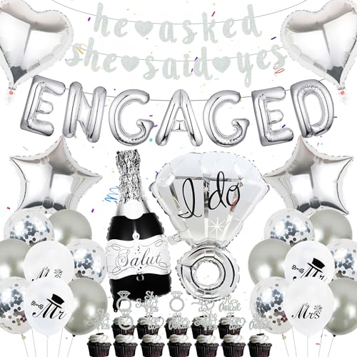 FeteDecor Engagement Party Decorations - Silver Engagement Balloons, She Said Yes Banner, Ring Balloons, Cupcake Topper, Engagement Wedding Party Supplies