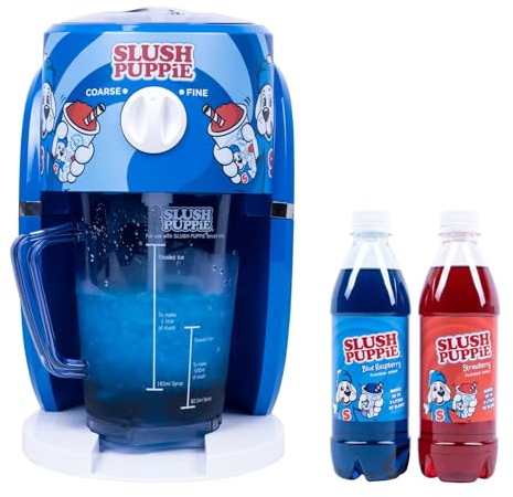 Fizz Creations SLUSH PUPPiE Snowcone Machine & Syrups Bundle. Home Countertop SLUSH PUPPY Maker. Includes 500ml Blue Raspberry Syrup & 500ml Strawberry Syrup Gift Set.