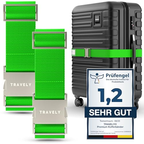 TRAVELY Premium Koffergurt mit Metallschnalle [2er Set]- Besonders Edel & Auffällig - sehr robust I inklusive Namensschild - Passend für Handgepäck bis Übergröße, Kofferband Gurt, kofferband