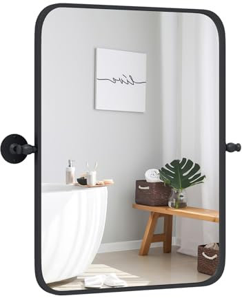 RELAX4LIFE Wall Mounted Rectangular Mirror, 76x56cm Horizontal/Vertical Bathroom Tilting Pivot Mirror, Black Metal Framed Decorative Vanity Hanging Mirror for Bathroom, Living Room, Bedroom, Hallway