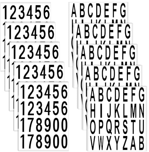 10 Sheet Sticky Waterproof Address Sign Mailbox Numbers Letters Stickers Stick on Black Vinyl Alphabet Number Decals for Home Car Window Door Truck Outside Signs(2 x 1 Inch)