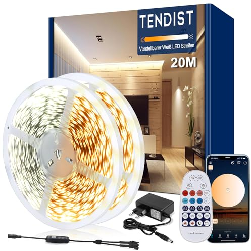 TENDIST 20M Striscia Led Bianca Dimmerabile, 3000K-6500K Da Bianco Caldo a Bianco Freddo, 24v Con Telecomando, Striscia Led Cucina, App Intelligente Per La Decorazione D'interni