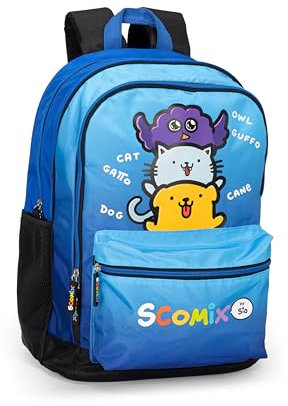 COMIX Scomix by Sio - Zaino Scuola per Bambini e Ragazzi, con Ampi Scomparti Centrali, Tasca Frontale, Tasche Laterali in Rete, Chiusura a Zip e Spallacci Regolabili, 32x43Hx23 cm, 31 L, Blu