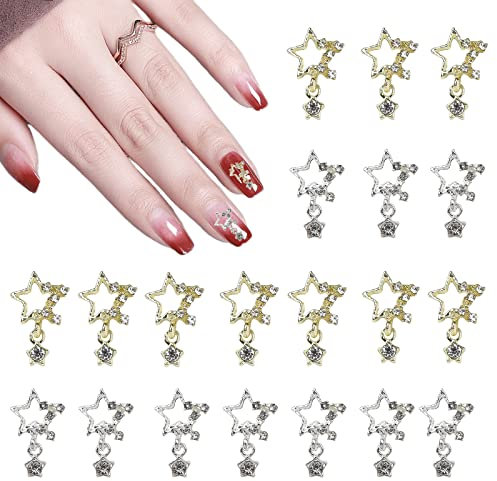 Star Nail Charms, 20 Pcs Gold Silver Star Nail Gems Y2K Nail Charms Shiny Pentagram Nail Rhinestones Alloy Dangle Nail Jewels 3D Nail Art Decorations Accessories for Women Girls (Gold+Silver A)