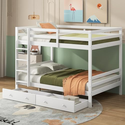 MQLAE Kinderbett Etagenbett 140x200cm, 4 Personen Hochbett Jugendbett mit Stauraum Schubladen, Holzbett Stockbett Bettrahmen mit Rausfallschutz & Lattenrost, Kiefer, Bett Weiß, Ohne Matratze