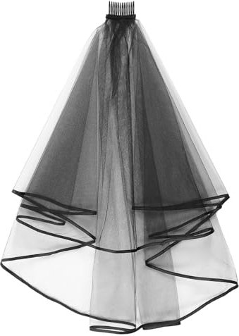Amaxiu Kurzer Hochzeits Brautschleier mit Kamm, 2 stufiger Tüll Schwarz Halloween Brautschleier Ellbogenlänge Hochzeitsschleier Bandkante 60–80 cm für Party Geburtstag Hochzeit Maskerade