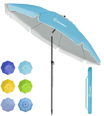 Grandekor Parasol de Plage, Parasol de Jardin Exterieur | UV50+ | Ombrelle réglable en Hauteur et Inclinaison | avec Ancre de Plage de 12cm, pour Plage, Balcon & terrasse, 200cm, Bleu Ciel
