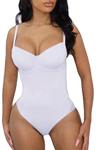 Hilinker Women's Sexy V Neck Spaghetti Strap Sleeveless Bodysuit Camisole Bustier Top White X-Large