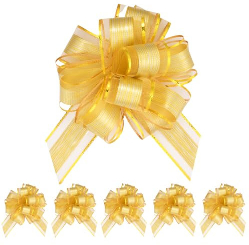 HOTUT Große Geschenkschleife, 6 Stück Geschenk Schleife mit Geschenkbänder, Ziehschleife ø 16 cm Dekoschleifen für Auto Dekor geschenkdekoration Hochzeit Geburtstag Weihnachten - Gold