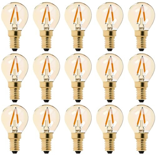 E14 Vintage LED Glühbirne 1 Watt, G40 Edison Birne Ersetzt 10 Watt Retro Glühlampen, 2200K Warmweiß Licht Kleine Globe Leuchtmittel, Amber Glas, 60 Lumen, CRI>90, Nicht Dimmbar,AC220V-240V, 15 Stück