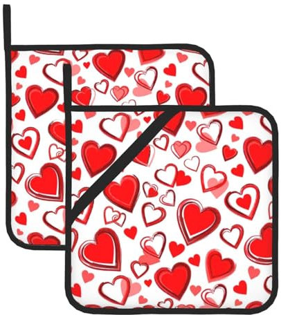 Romántico juego de alfombrillas aisladas con estampado de corazón rojo, soportes para ollas para cocina, apto para microondas, horno y parrilla al aire libre