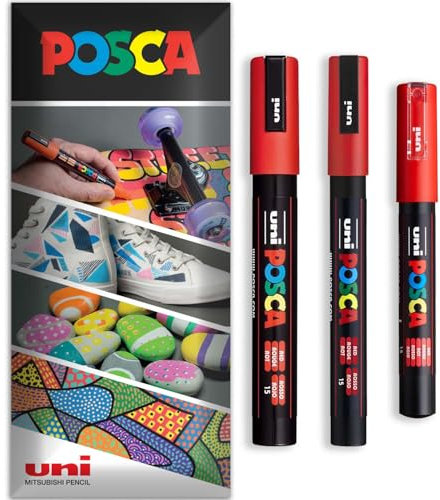 Posca - Water Based Permanent Marker Paint Pen for Adults - Multi Surface Use - PC-1M, PC-3M, PC-5M - Pack of 3 Pens in Wallet (Red)