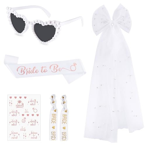 6 Stück JGA Accessoires Frauen Set für Braut - Bride to Be Schärpe, Perlen Schleier & Herz Sonnenbrille, Brautparty Accessoires mit Tattoos & Armbändern, Junggesellinnenabschied Geschenk für Frauen
