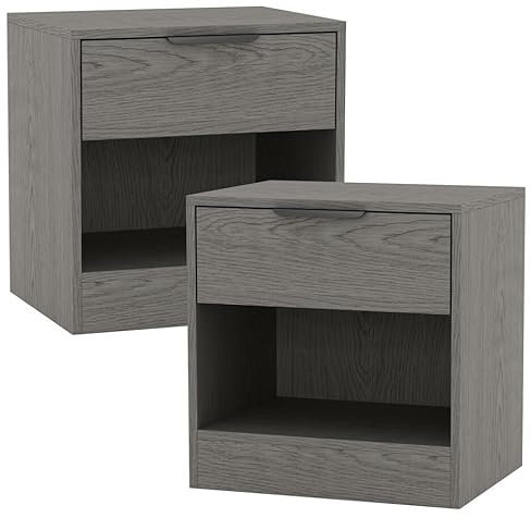 URBNLIVING 2 Pcs 1-Drawer Bedside Cedar Grey Table Nightstand Shelf File Cabinet Storage for Bedroom Wooden Furniture Modern Sofa Side End Compact Unit for Living Room, H46.5cm x W45cm x D35cm