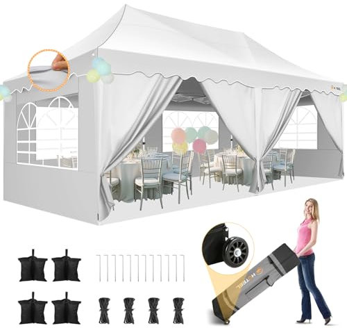 HOTEEL Tonnelle Pliante 3x6 ImperméAble, avec 6 Parois LatéRales, Barnum Pliante avec Construction à Une PousséE, Tonnelle Pliante 3x6 pour FêTes, Mariages, Camping (Blanc)