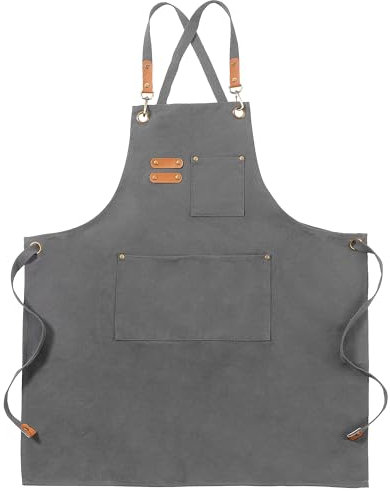 FunChaos Gris Delantales de Lona, Trabajo Delantales para Hombres y Mujeres, Ajustable Delantales de Chef con 3 Bolsillos, Delantal para Servidores, Cocina, Hornear, Artista, Pintura, Espalda Cruzada
