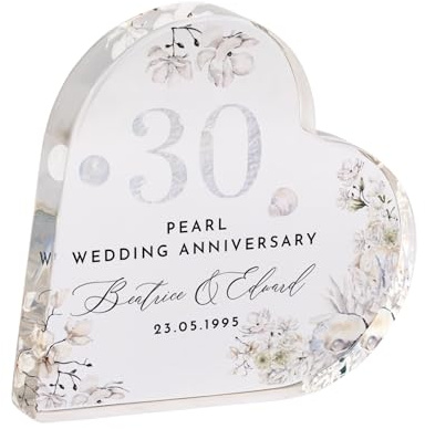 Pomchick - Personalised 30th Wedding Anniversary Pearl Anniversary Present Heart-Shaped Acrylic Plaque Custom Keepsake with Names Date Mum Dad Gift