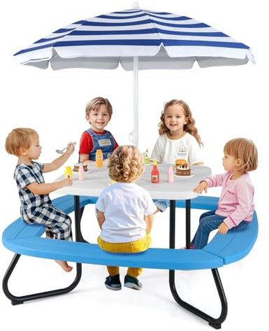 COSTWAY Mesa de Picnic para Niños, Mesa de Actividades con Sombrilla Ajustable y Plegable, 4 Bancos Incorporados para hasta 8 Niños, Juego de Mesita de Picnic de HDPE con Marco Metálica (Blanco+Azul)