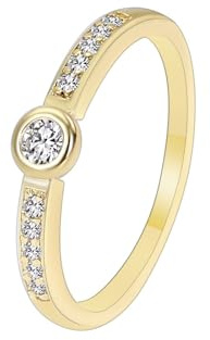 Mesnt Ring Gold 585 Damen, Damenring aus 9 Karat/14 Karat/18 Karat Gelbgold mit rundem Moissanit, Größe 53 (16.9)