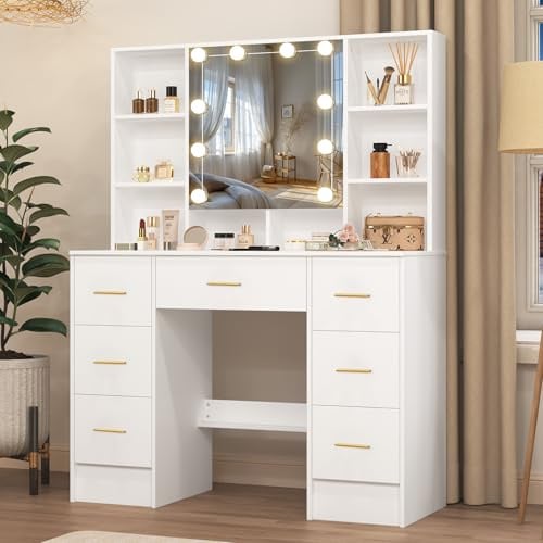 Teousev Schminktisch mit öffnbarem Spiegel, Stabiler Kosmetiktisch mit dimmbarer Beleuchtung und Videoanleitung, Frisiertisch mit 7 Schubladen und 6 Regalen, Weiß, 40×100×140 cm, J62340