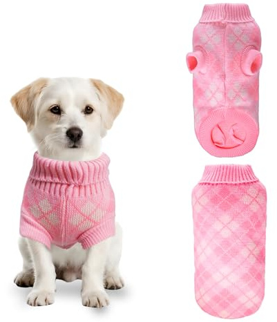 PawSailor Hundepullover Kleine Hunde mit Rollkragen Gestrickt, Rosa M | Warmer Strickpullover Karomuster Komfort Welpenpullover Kuschelweich Winter-Outfit für Chihuahua, Yorkshire Terrier, Malteser