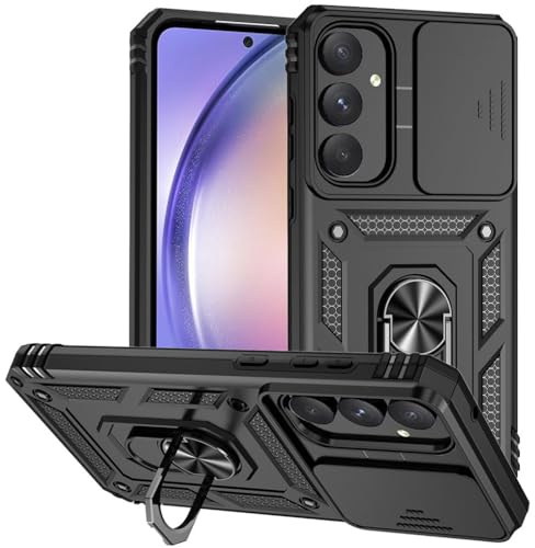 SEAHAI Funda para Samsung Galaxy A17 5G/4G, Estuche con 360 Grados Anillo Soporte y Cámara Deslizante Proteger [Grado Militar Anti-Caída] Silicona PC + TPU Bumper Antigolpes Carcasa - Negro