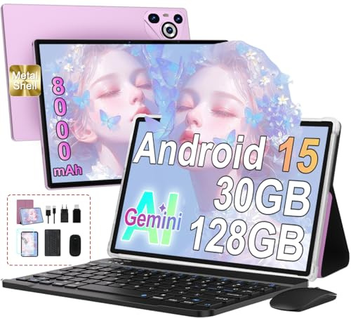 Tablet 10 Pulgadas Android 15, 30GB+128GB, 8000mAh, Modelo Teclado-lila | IPS Pantalla FHD, Octa-Core, TF 2TB, Widevine L1, Face ID, BT5.0, 5G WIFI, Carcasa Metálica, Incluye Ratón y Teclado