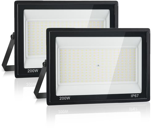 Plazique LED Strahler Außen 200W, 2 Stück, LED-Fluter 20000LM, 7000K, IP67 | Je 228 LEDs, 120° Flutlicht und 180° Halterung; Außenstrahler mit 60cm Kabel für Lager, Parkplatz, Baustelle und Hof.