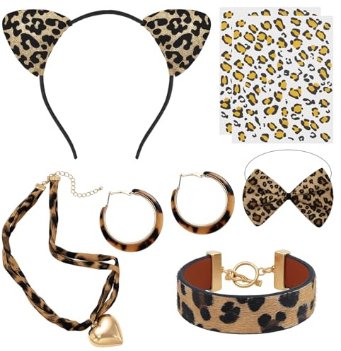 Qnvyw Leoparden Ohren Haarreif Set für Kinder - Leopard Kostüm Zubehör mit Armband & Tattoos, Perfekt für Halloween & Mottopartys