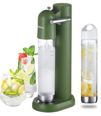 Wassersprudler mit Kunststoffflasche (1L + 1L) – Sprudelautomat für Zuhause, Sprudelwasser Maschine, Ersatzkarbonisator BPA-frei, Kompatibel mit 60L CO2 Gewinde Zylinder(Nicht enthalten) – Grün