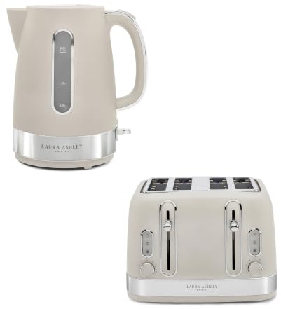 Laura Ashley Dove Grey 1.7L Electric Kettle and Toaster Sets 4 Slice - Energy Efficient Fast Boil Kettle Electric - 4 Slice Toaster with Wide Slots, Defrost, 7 Browning Settings & Reheat Mode