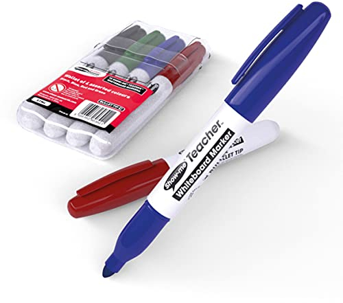 Show-Me Whiteboard Pens Pack, High-Quality Marker Pens For Whiteboard, Long-Lasting Whiteboard Markers With Easy-Fit Lids, Ideal For Teachers, Comfortable & Safe Dry Wipe Markers With Bullet Tips, 4PK