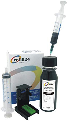 refill24 Nachfüllset: Nachfülltinte 100 ml kompatibel für Druckerpatronen HP 302, 302 XL Schwarz/Multipack + Zubehör + Anleitung, Refillset mit Druckertinte für DeskJet OfficeJet Envy
