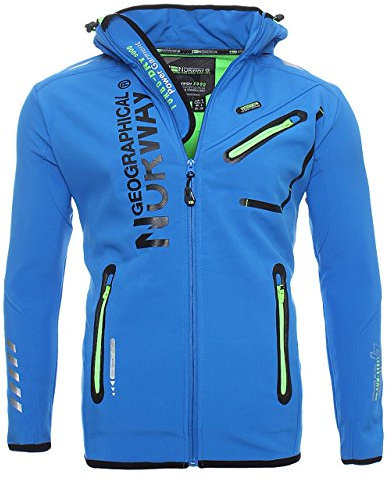 Geographical Norway ROYAUTE Men - Veste Softshell Homme Impermeable - Manteau Respirant À Capuche Outdoor - Blouson Coupe Vent Tactique Resistant Hiver - Ideal Activites en Exterieur (Bleu M)