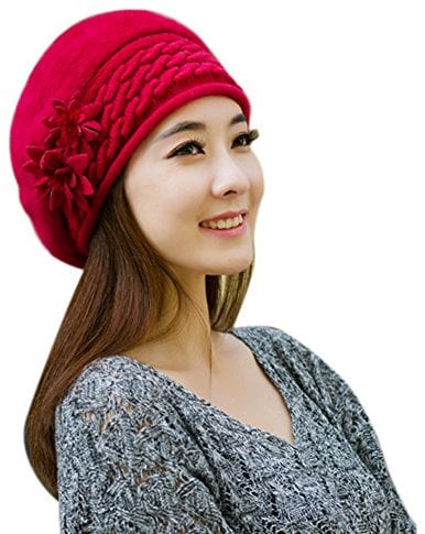 Petalum Damen Barette Baskenmütze Blumen Beanie Winter warm Strick Hüte Kopfbedeckung Onesize Rot
