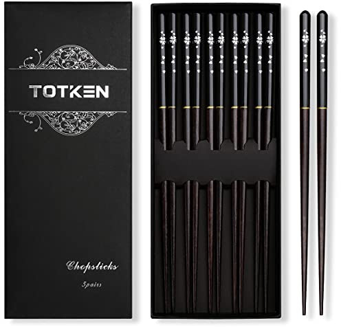 Totken Essstäbchen Japanische hochwertig einfache Bedienung 5 Paar Holz Essstäbchen für Sushi japanische chinesische Gerichte mit Etui(Schwarz)