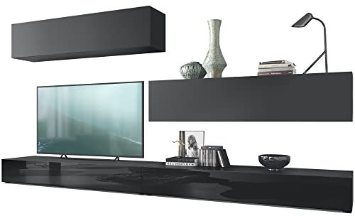 Vladon Wohnwand Nublo, Made in Germany, Anbauwand mit Rückwand mit 2 Klappen und 2 Sockelelementen, Korpus Schwarz matt, Fronten Schwarz Hochglanz und Schwarz matt (280 x 147 x 39 cm)