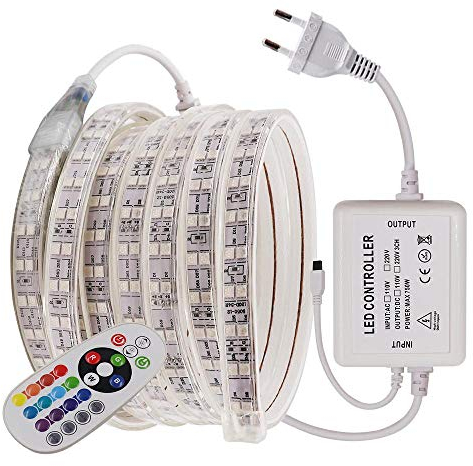 XUNATA 10M LED Streifen Strip,220V 230V IP65 Wasserdicht RGB SMD 5050 120leds/m Super Bright Lichtband mit 24 Tasten IR-Fernbedienung für Bar Decke Counter Cabinet Weihnachten Party Deko (10M)