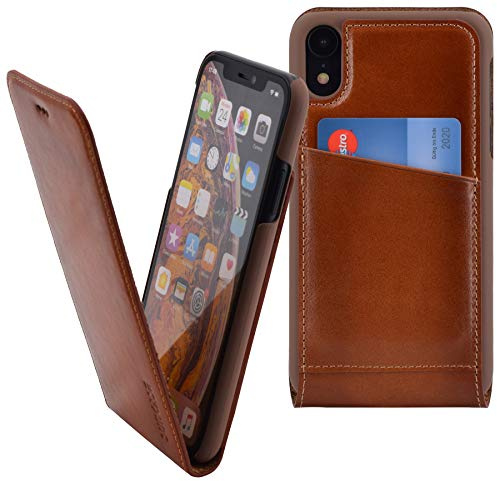 Suncase Original Flip-Case kompatibel mit iPhone XR (6.1) Tasche Ledertasche Schutzhülle Hülle (Ultra-Slim) in Burned Cognac