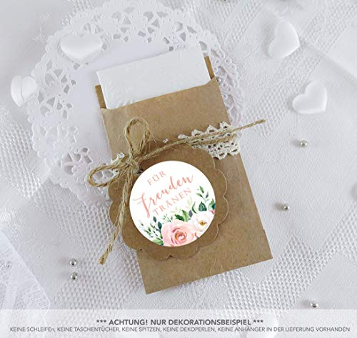 Freuden Tränen Taschentücher Set zur Hochzeit Groß 48 Sticker + 48 braune Flachbeutel 63 x 93 mm Freudentränen Taschentuch Verpackung BOHO HIPPIE ROSEN EUKALYPTUS BLATT APRICOT WEIß ROT ROSA