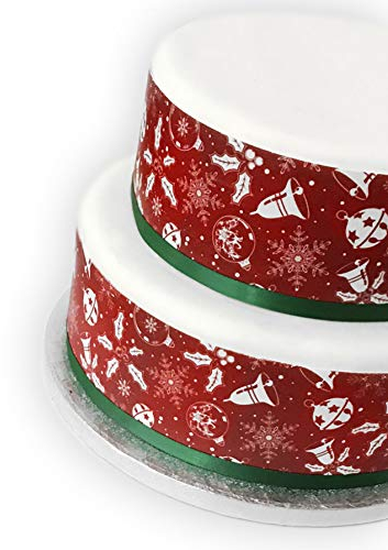 Orange Trading Dartmouth LTD A4 Edible Decor Icing Sheet Red and White Christmas Bell Bauble Holly Border Edible Cake Topper Decoration - Great for larger cakes