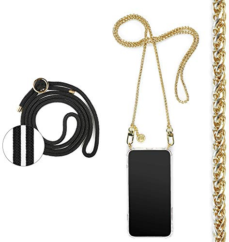 Jalouza Handykette, Kordel & Hülle Bundle kompatibel mit iPhone 12 & 12 Pro - Zopfkette in Gold und Kordel in Farbe Schwarz-Gold Plus Handyhülle zum umhängen