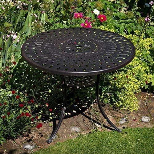 Lazy Susan 88 cm Runder Mia Gartentisch in Antik Bronze mit 2 Kate Stühlen mit blauen Sitzkissen | Nachhaltiges Sandguss-Aluminium | Wetterfest | Rostfrei | Wartungsarm | 3 Jahre Garantie