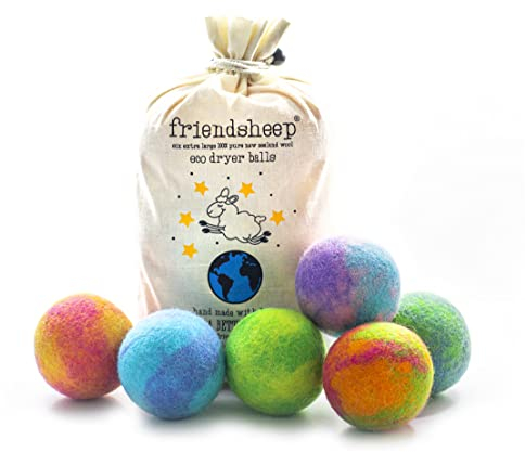 Friendsheep Lot de 6 balles de séchage en Laine Bio XL de qualité supérieure, réutilisables, sans cruauté Envers Les Animaux, Faites à la Main, Commerce équitable, sans Peluches, Couleur Galaxie Tie