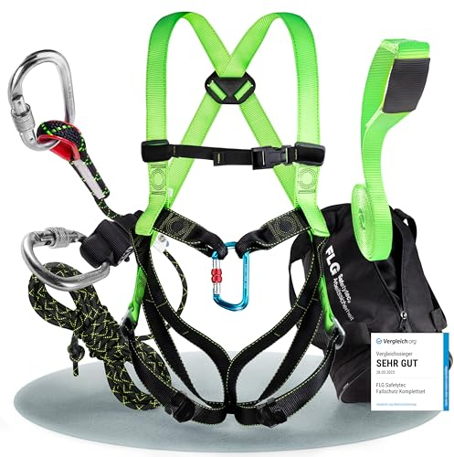 FLG Safetytec Fallschutz Komplettset - 2-Punkt Auffanggurt mit 10m Verbindungsmittel und 2m Bandschlinge für maximale Sicherheit bei Höhenarbeiten gem. EN353 / 361/795