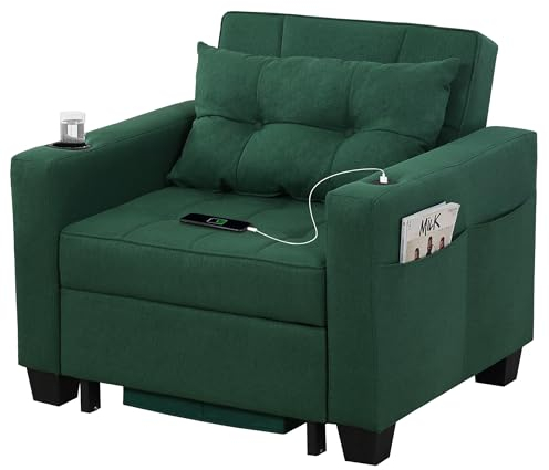 DURASPACE Sleeper Chair 3-in-1 Convertible Chair Bed Pull Out Sleeper Chair Beds Adjustable Single Armchair Sofa Bed with USB Ports, Side Pocket, Cup Holder for Small Space (Forest Green)