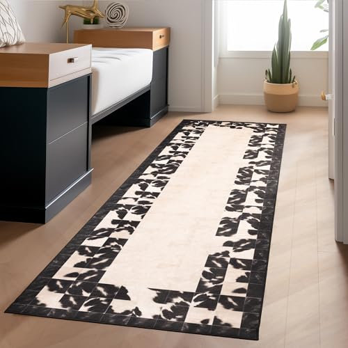 Waschbarer Teppich Flachgewebe Robust Patchwork Design Vintage Optik rutschfest Teppich Wohnzimmer, Farbe: Schwarz, Größe: 80 x 150 cm