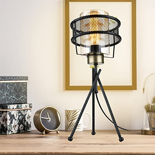 lux.pro Tischleuchte Burton Tripod Tischlampe E27 1-flammig Wohnzimmerlampe Leselampe mit Gitterschrim aus Metall und Glas Schwarz